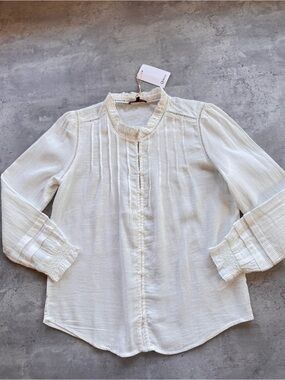 NWT Quince Organic Textured Cotton Peasant Blouse Cream, Size Small